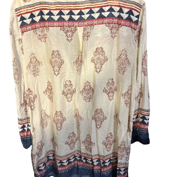 Lucky Brand XL Boho Tunic Top Beige Red Blue Geometric & Paisley Print 3/4 Sleev - Picture 6 of 6